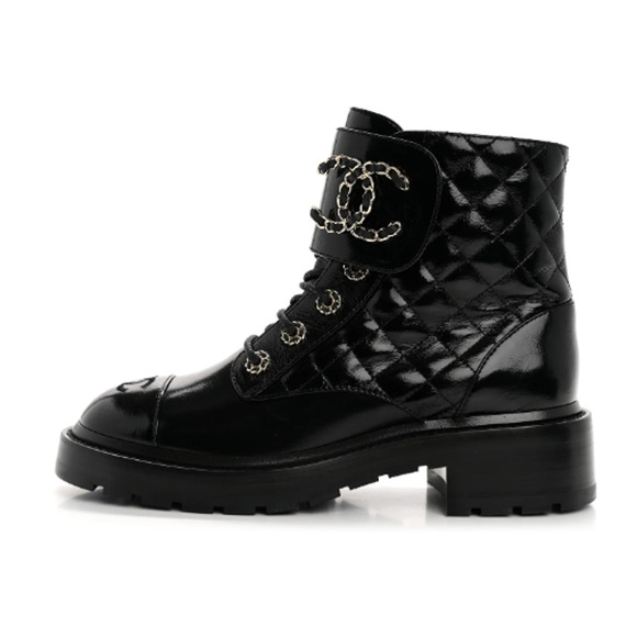 CHANEL Shiny Calfskin Quilted Lace Up Combat Boots with Metal Logo Black EU 37 - Picture 2 of 9